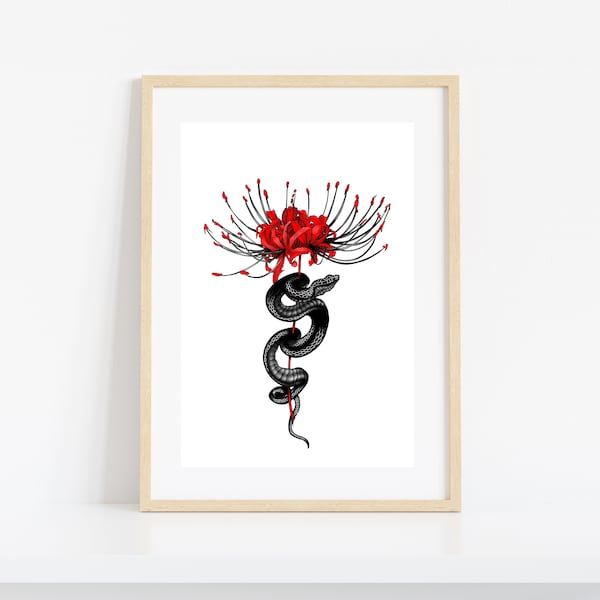 Lámina artística de serpiente y lirio araña: Dibujo floral de serpiente (descarga instantánea)