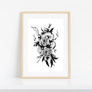 Snake Art Print - Snake Drawing - Snake Tattoo - Peonies Print