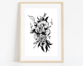 Snake and Peonies Art Print: Floral Tattoo Design (Digital Download)