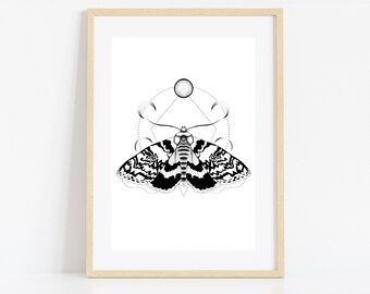 Moth Art Print - Moon Phases Art Print - Printable Wall Art - Instant Download - Moon Artwork