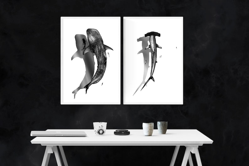 Hammerhead and Whale Shark Art Print Set of 2 - Etsy