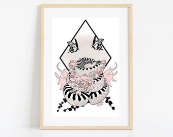 Snake Floral Art Print: Reptile & Roses Illustration (Digital Download)