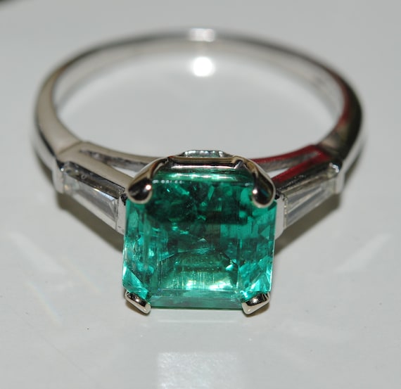 Estate Emerald Platinum Diamond Baguette Ring - image 3