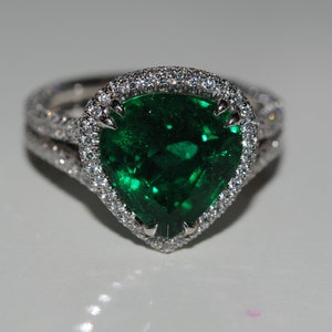 Fine Triangle Shaped Emerald Diamond Custom Platinum Ring