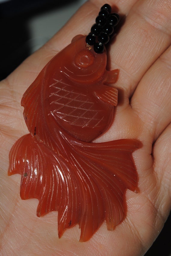 Estate Vintage Large Carnelian Carved Fish w/ onyx