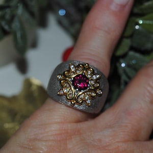 Estate Garnet Diamond Accented 14KT Gold Sterling Large Band Signed ImageSale 295.00 !