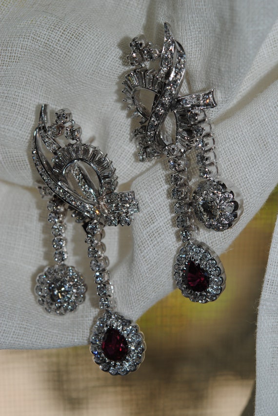 Vintage Red Ruby Diamond  Double Dangle Platinum … - image 6