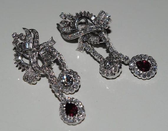 Vintage Red Ruby Diamond  Double Dangle Platinum … - image 1