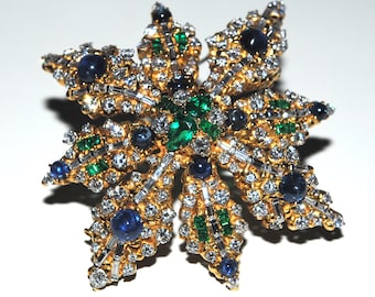 French Estate Gem Set Snowflake Fine Large 18KT Solid Gold Diamond, Sapphire , Columbian Emerald Brooch/ Pendant