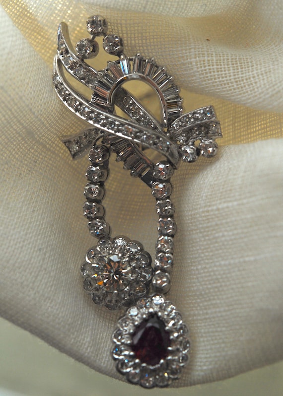 Vintage Red Ruby Diamond  Double Dangle Platinum … - image 4
