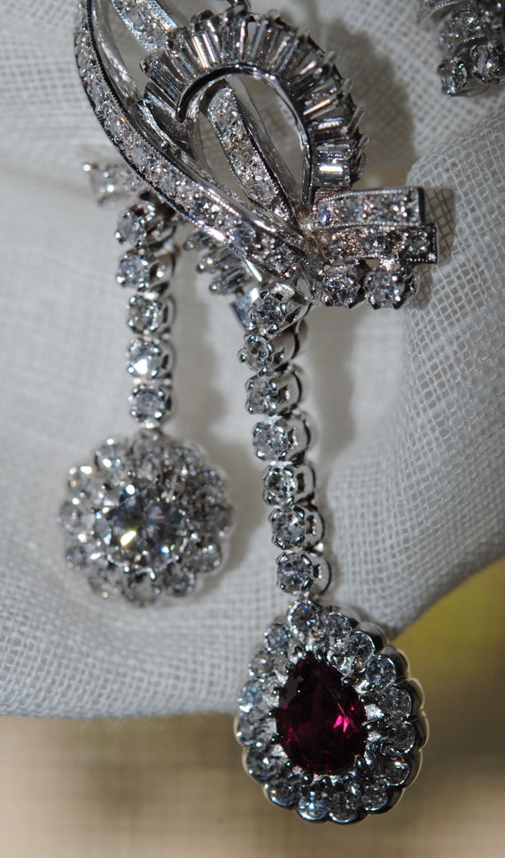 Vintage Red Ruby Diamond  Double Dangle Platinum … - image 2