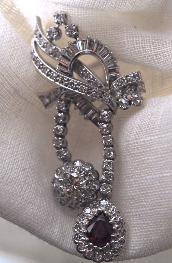 Vintage Red Ruby Diamond  Double Dangle Platinum … - image 5