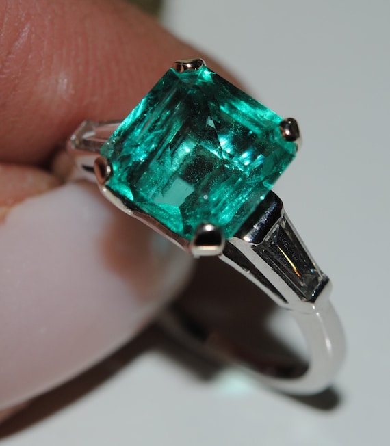 Estate Emerald Platinum Diamond Baguette Ring - image 1