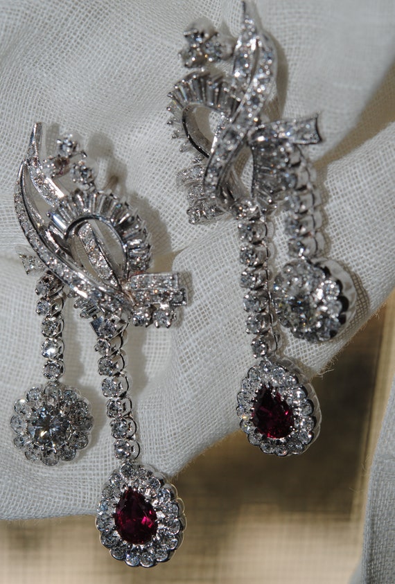 Vintage Red Ruby Diamond  Double Dangle Platinum … - image 3