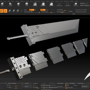 May include: A 3D model of a large, grey sword with a detailed, segmented blade. The sword is broken down into individual pieces, showing the intricate design of the weapon.