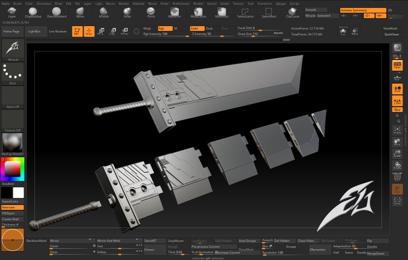 May include: A 3D model of a large, grey sword with a detailed, segmented blade. The sword is broken down into individual pieces, showing the intricate design of the weapon.