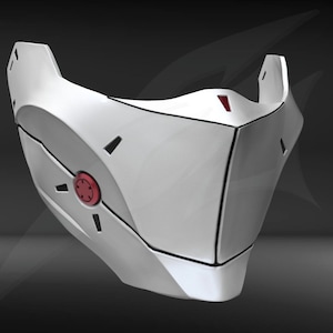 May include: A white plastic mask with black and red accents. The mask has a geometric design with a circular opening in the center.