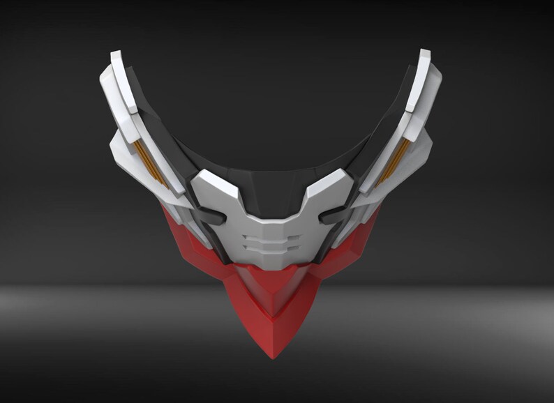 May include: A white, red and black futuristic helmet with a sharp, angular design. The helmet has a black visor and orange accents.
