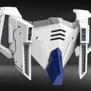 May include: A futuristic, white and blue chest armor piece with angular designs and vent-like details. The armor has a geometric shape with a central blue section and side panels featuring a series of parallel lines. The overall aesthetic is reminiscent of science fiction.
