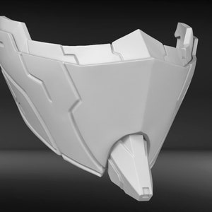 May include: A white plastic mask with a futuristic design. The mask has a sharp, angular shape with a pointed chin.