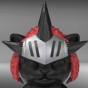 May include: A black cat figurine with a knight's helmet. The helmet is silver with black accents and a tall, pointed black horn. Red fur-like details frame the face. The cat has pointed ears.