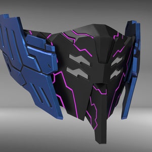 May include: A black and blue futuristic mask with pink accents. The mask has a geometric design with sharp angles and a pointed chin.