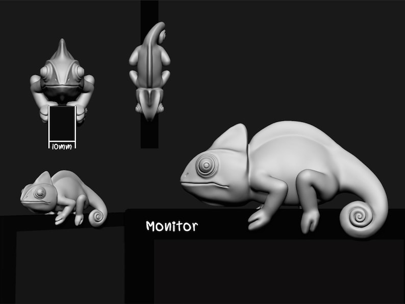May include: A 3D model of a chameleon in various poses. The chameleon is a light gray color and has a long tail. The model is labeled "Monitor".