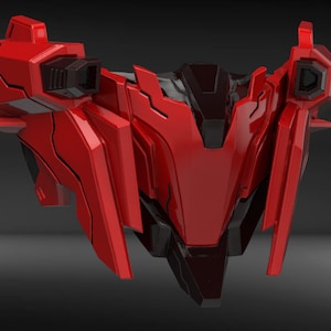 May include: A red and black futuristic spaceship model with sharp angles and a sleek design. The spaceship has two wings with engines on each side and a pointed nose.