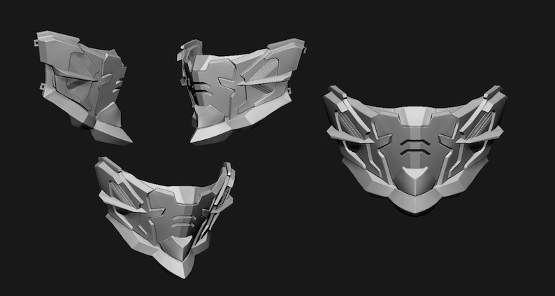 May include: A 3D printed mask with a geometric design. The mask is made of light grey plastic and has a sharp, angular shape. The mask is shown from multiple angles.