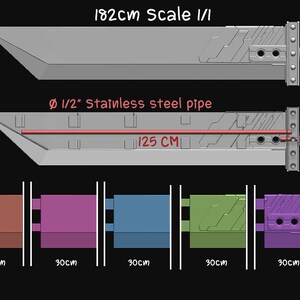 May include: A diagram showing the dimensions of a 182 cm long sword, with a 1/2 inch stainless steel pipe running through the center. The sword is divided into six sections, each measuring 30 cm in length. The diagram also includes the text "182cm Scale I/I", "&Oslash; 1/2" Stainless steel pipe", "125 CM", and "36 CM".