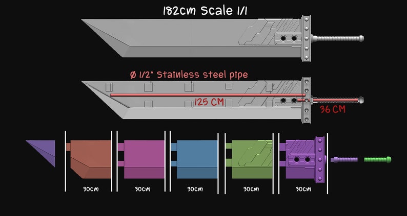 May include: A diagram showing the dimensions of a 182 cm long sword, with a 1/2 inch stainless steel pipe running through the center. The sword is divided into six sections, each measuring 30 cm in length. The diagram also includes the text "182cm Scale I/I", "&Oslash; 1/2" Stainless steel pipe", "125 CM", and "36 CM".