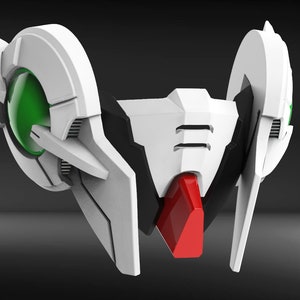 May include: A futuristic, white and black mask with a red accent and green lenses. The mask has a geometric design with sharp angles and a sleek, modern aesthetic. The overall theme is science fiction or cosplay.