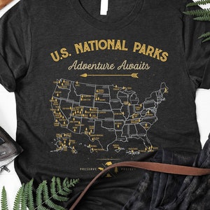 Maglietta con mappa del parco nazionale / Regali per i parchi nazionali degli Stati Uniti / Tutti i 63 parchi nazionali / Regalo per escursioni in campeggio / Magliette vintage per l'outdoor / Canotta / Felpa con cappuccio