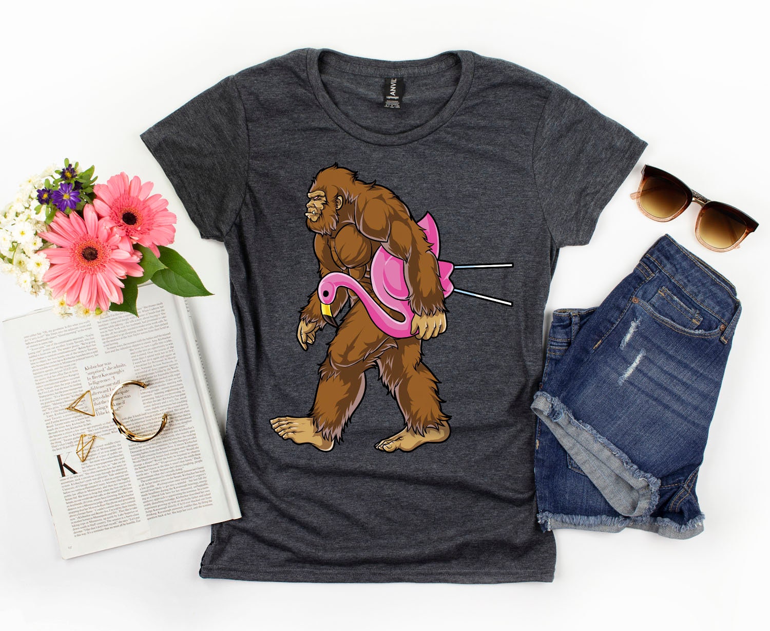 Funny Bigfoot With Lawn Flamingo Sticker - 5" Outdoor Vinyl Decal For Cars, Laptops & Walls