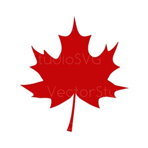 May include: A solid red maple leaf graphic illustration featuring five distinct pointed lobes and a central stem. The design is presented as a flat, two-dimensional vector shape with sharp, symmetrical edges, centered against a plain white background.