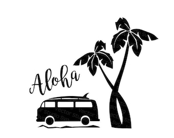 Aloha SVG Hawaii Tropical Clipart Silhouette Designs Svg VW Surfer Van Svg Palm Tree Svg Summer Svg Surfing Surfboard Surf Svg Tropic Beach