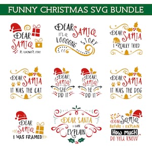 May include: A collection of nine digital graphic designs titled FUNNY CHRISTMAS SVG BUNDLE. Each design features festive red, gold, and black typography with holiday icons like Santa hats, gift boxes, holly, and paw prints with humorous text.
