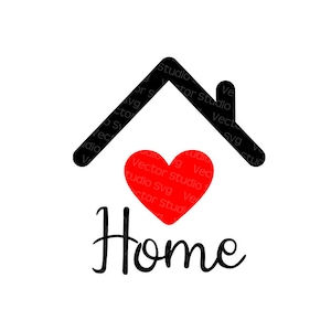 Può includere: Silhouette nera di una casa con un cuore rosso al centro e la parola "Home" scritta in corsivo sotto.