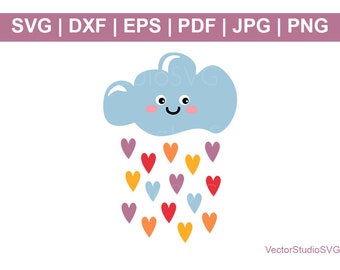 Cute Cartoon Cloud Svg, Rain Cloud Svg, Heart Raindrops, Nursery Clipart Svg Dxf Eps Pdf Jpg Png