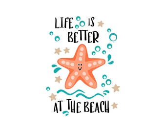 La vie est meilleure à la plage SVG, dessin animé étoile de mer d'été (téléchargement numérique)