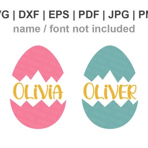 Peut inclure: Deux œufs de Pâques fissurés avec les noms Olivia et Oliver écrits à l'intérieur. L'œuf avec Olivia est rose et l'œuf avec Oliver est bleu.