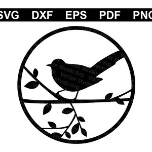 May include: Black and white silhouette of a bird perched on a branch with leaves inside a circle.