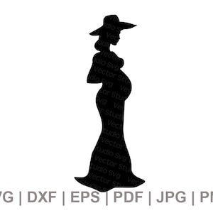 Puede incluir: Silueta de una mujer embarazada con un sombrero de ala ancha y un vestido largo y fluido.
