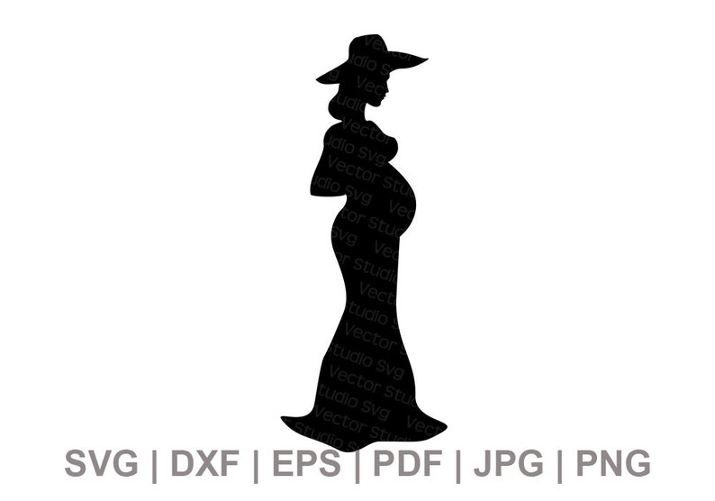 Puede incluir: Silueta de una mujer embarazada con un sombrero de ala ancha y un vestido largo y fluido.