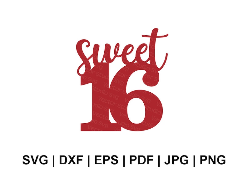 May include: Red and white graphic design with the text "Sweet 16" in a cursive font.