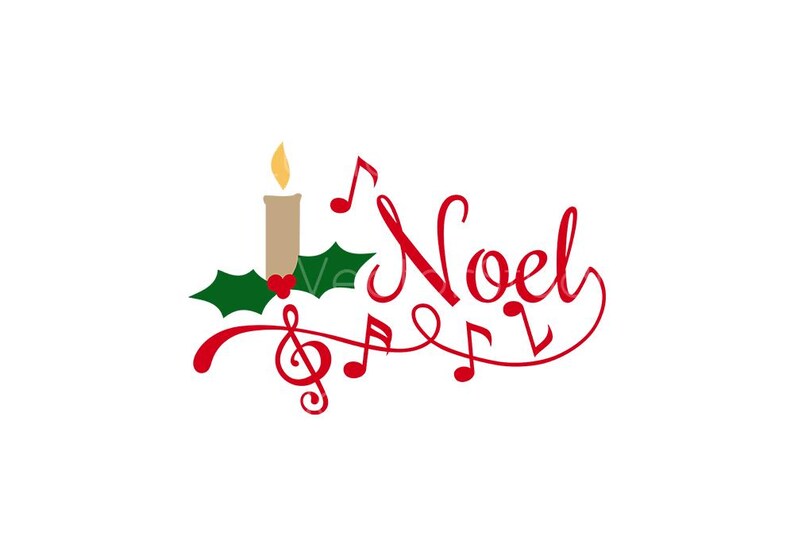 Festive Noel Christmas design featuring elegant red script, musical notes, a glowing candle, and holly leaves with berries. Perfect for holiday decorations, greeting cards, and craft projects.
