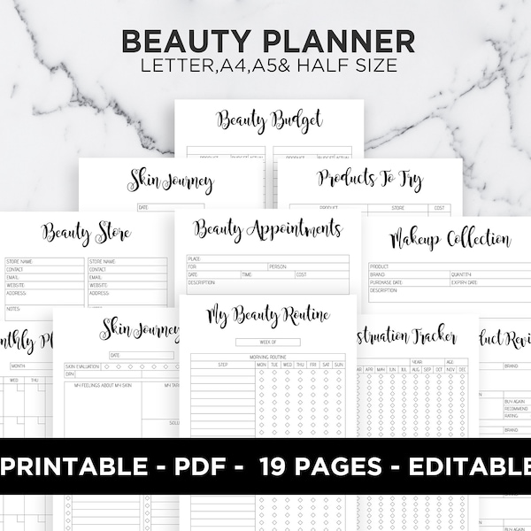 Beauty Planner Skin Care Routine Beauty Organizer Beauty Journal Period Tracker Self Care Editable A5 A4 Letter Half Size PDF Printable
