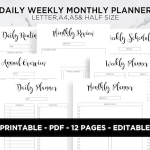 Daily Weekly Monthly Planner Daily Routine Editable A5 A4 Carta Medio Tamaño PDF Imprimible