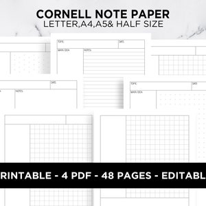 Metodo Cornell Notes Paper Modello per prendere appunti Nota per studenti Griglia a punti Righe Vuote Isometriche Modificabili A5 A4 Lettera Mezza Dimensione PDF Stampabile