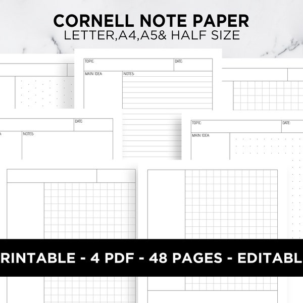 Cornell Notes Method Paper Note Toma de Plantilla Nota del estudiante Cuadrícula de puntos Alineado en blanco Isométrico Editable A5 A4 Carta Medio tamaño PDF Imprimible